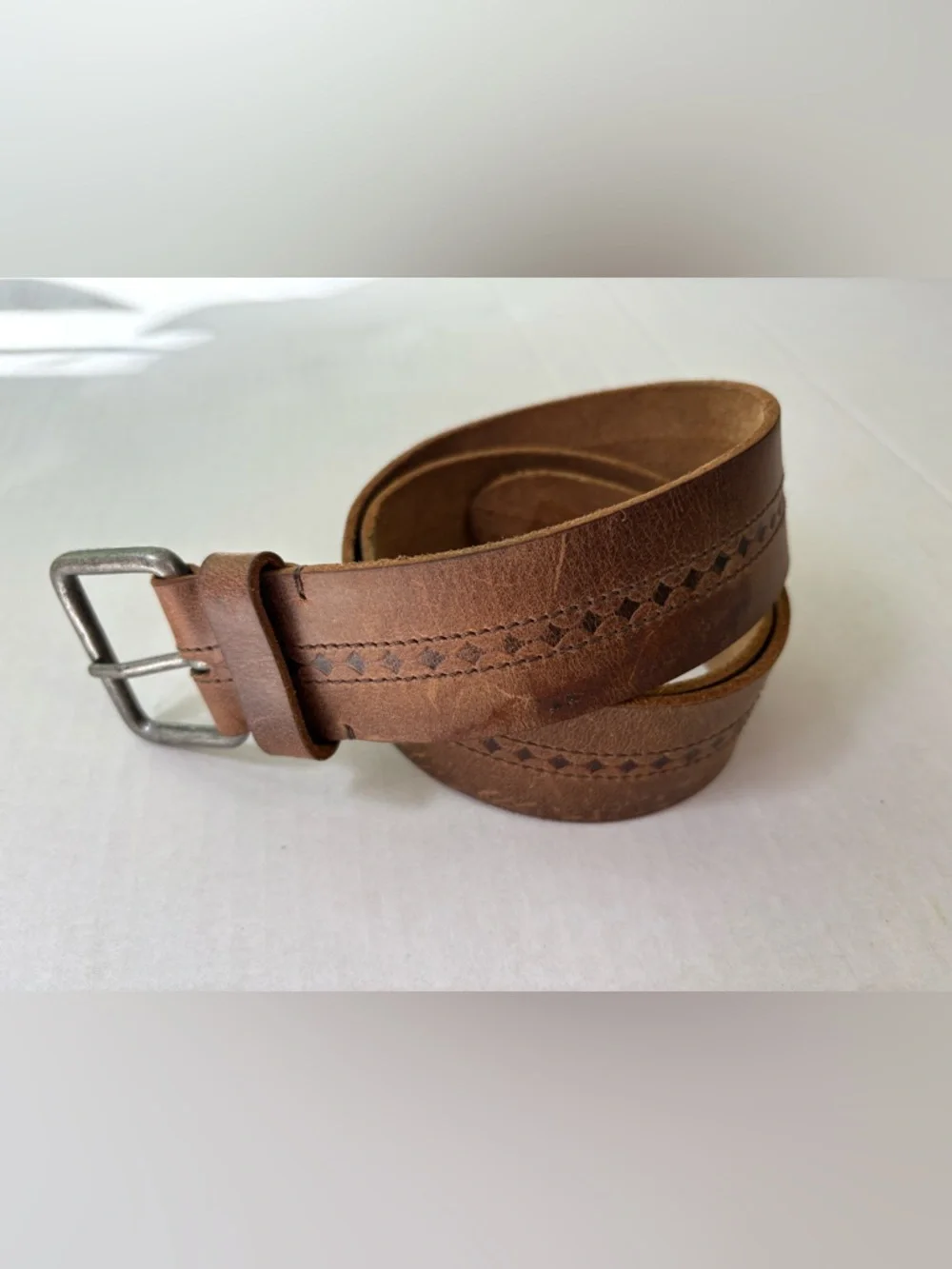 Lucky Brand Brown Wide Leather Belt Square Brass Buckle - Size 32 BK M0201